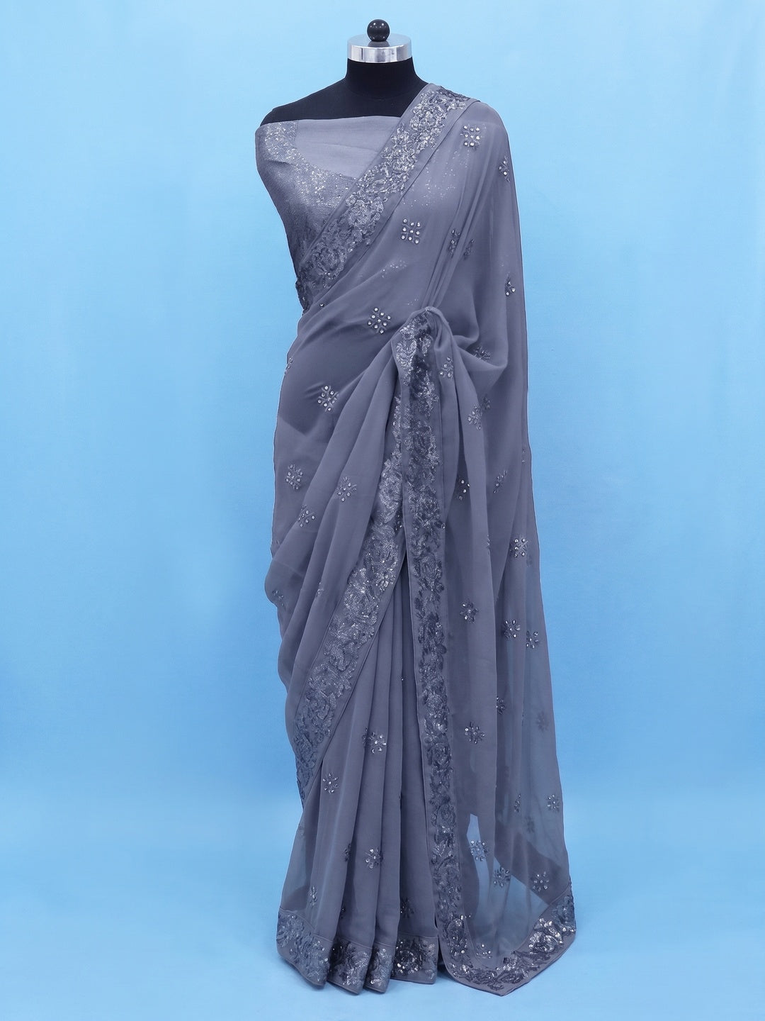 Grey Sequins Emroidered Georgette Saree - Image 1