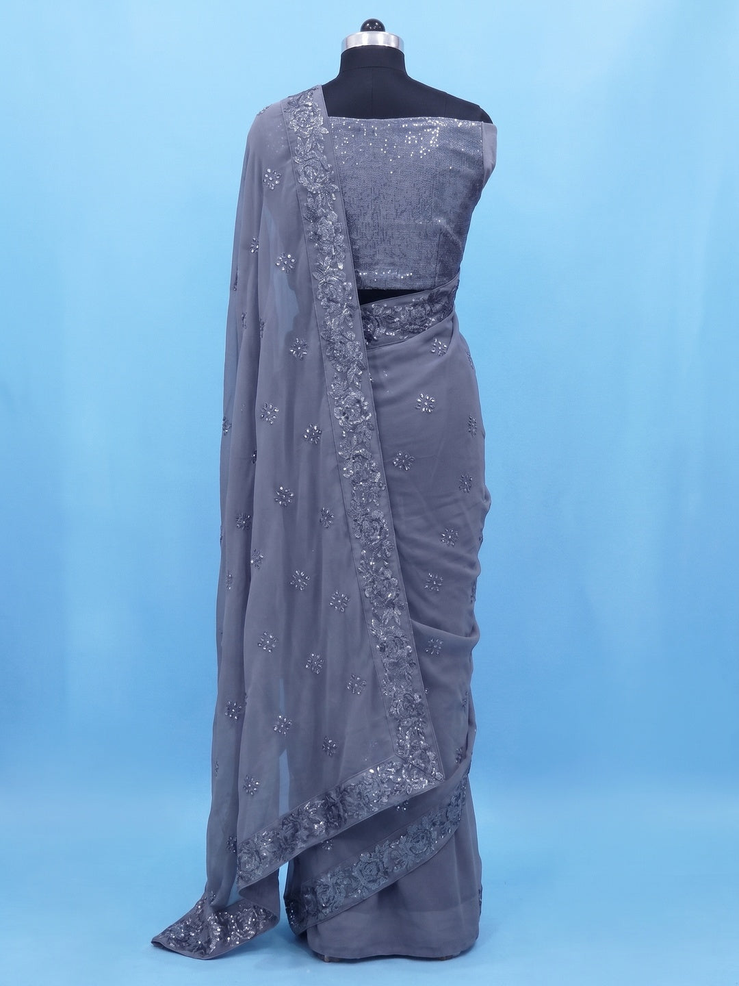 Grey Sequins Emroidered Georgette Saree - Image 3