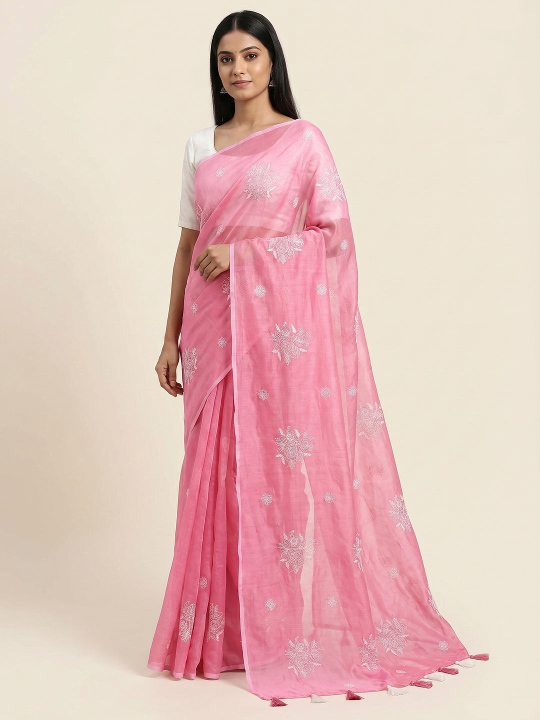 Pink Floral Embroidered Chanderi Saree With Tassels - Image 1