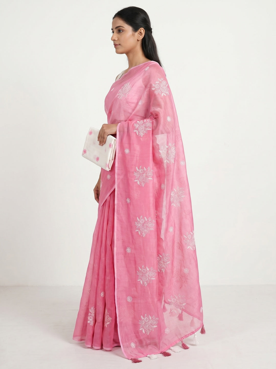 Pink Floral Embroidered Chanderi Saree With Tassels - Image 2
