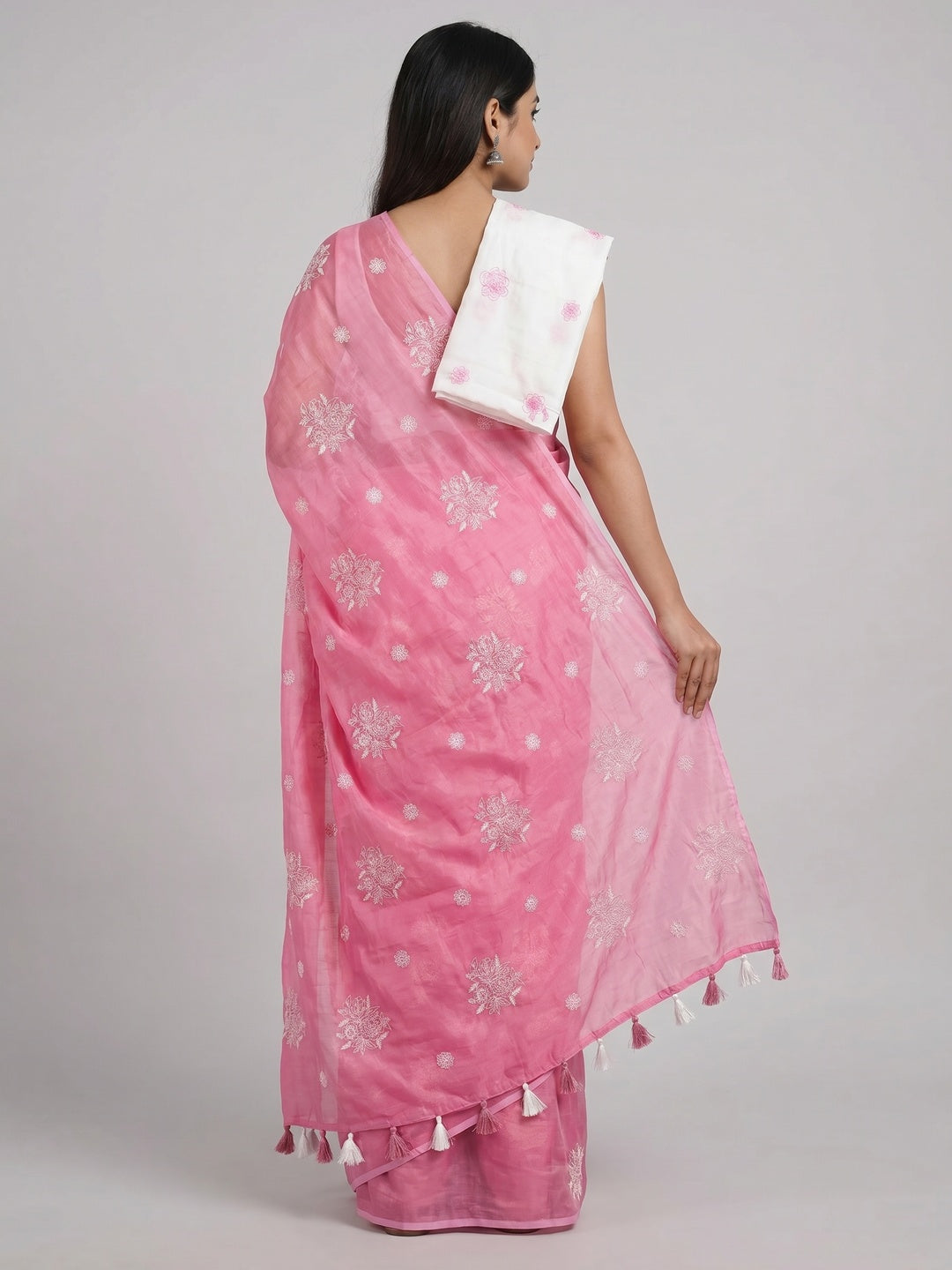 Pink Floral Embroidered Chanderi Saree With Tassels - Image 3