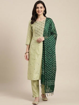 Pista Green Embroidered Raw Silk Dress Material - Image 1