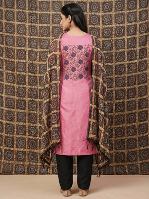 Pink Embroidered Art Silk Dress Material - Image 2