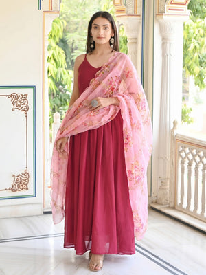 Pink Solid Chiffon Gown With Dupatta - Image 1