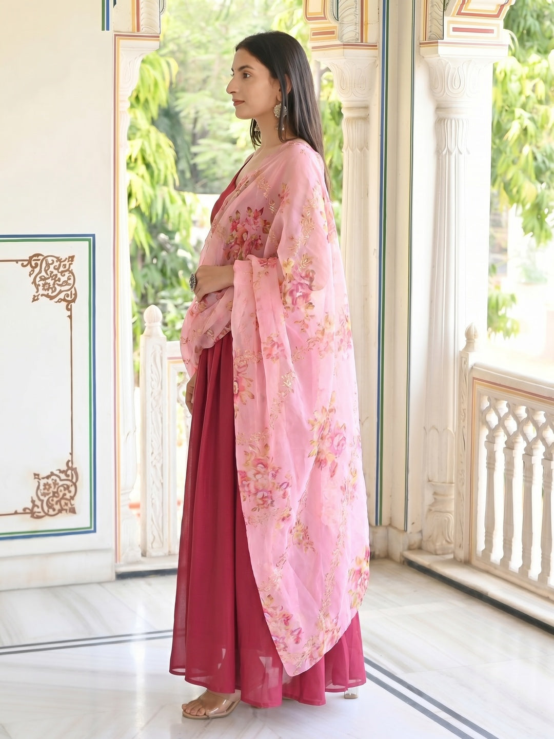 Pink Solid Chiffon Gown With Dupatta - Image 3
