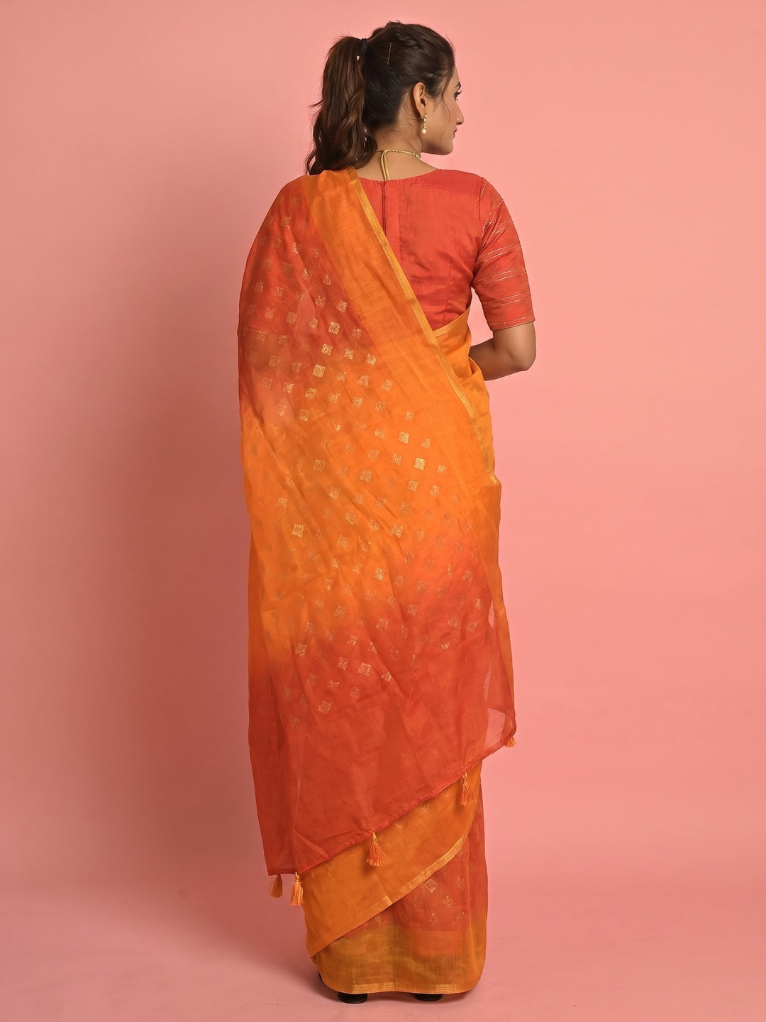 Mustard & Orange Foil Printed Cotton Blend Saree - Image 1