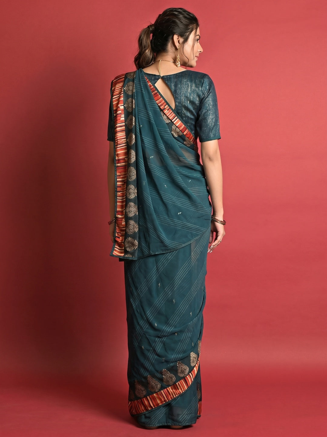Teal Blue Printed Georgette Saree - Image 1