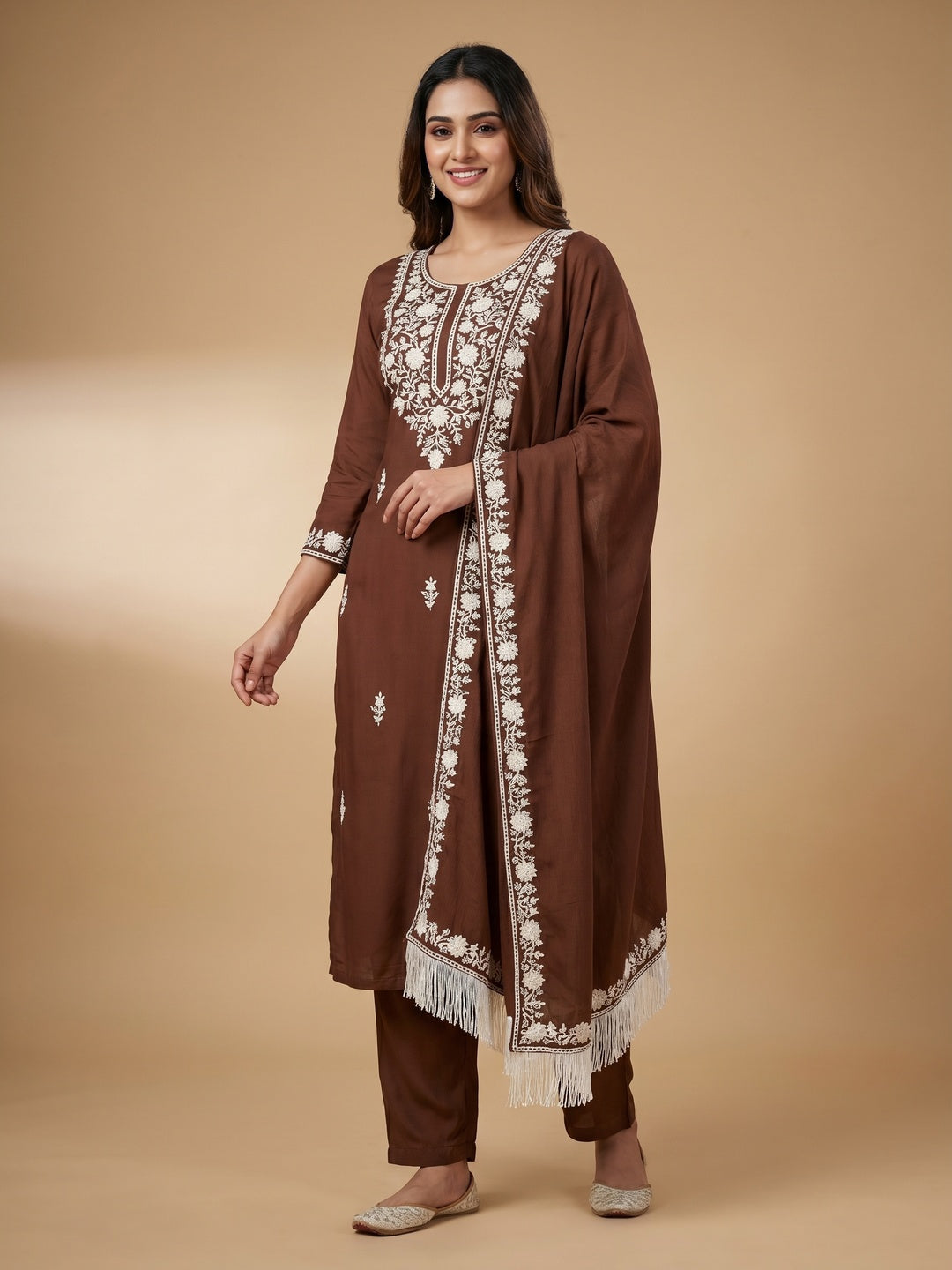 Brown Floral Embroidered Modal Dress Material - Image 1