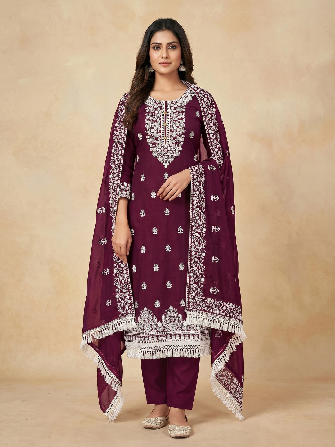 Wine Floral Embroidered Modal Dress Material - Image 1
