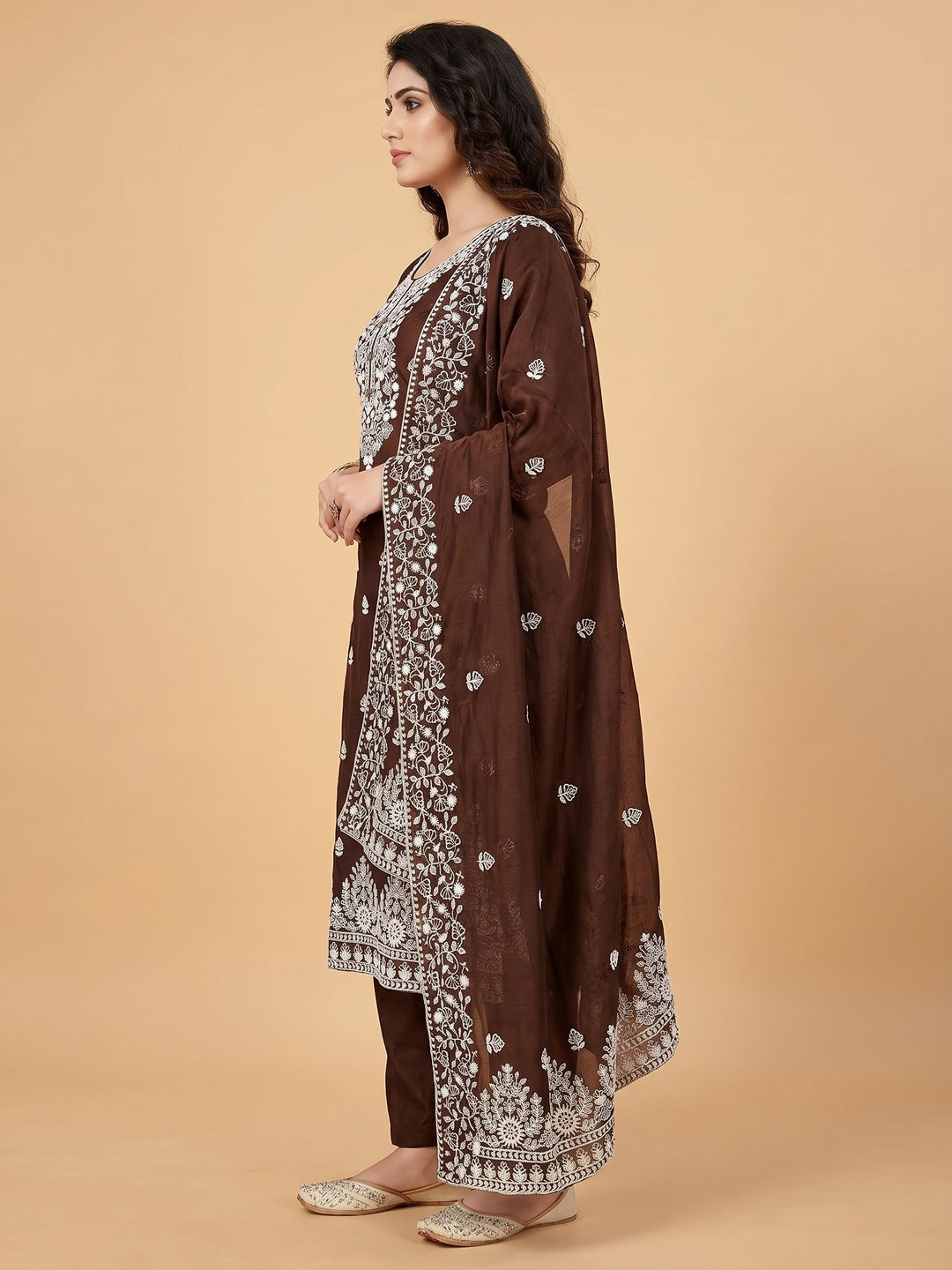 Brown Floral Embroidered Modal Dress Material - Image 3