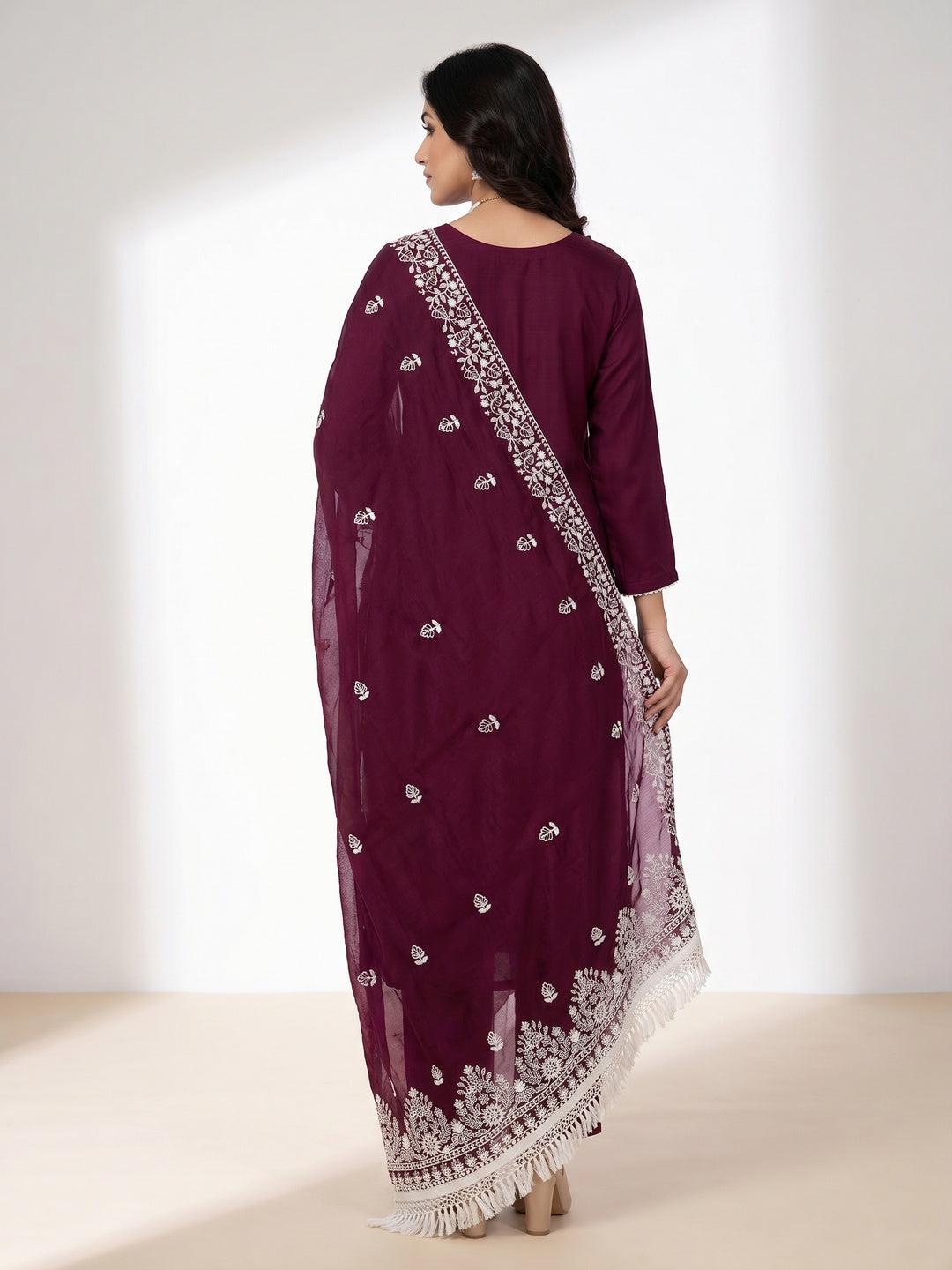 Wine Floral Embroidered Modal Dress Material - Image 2