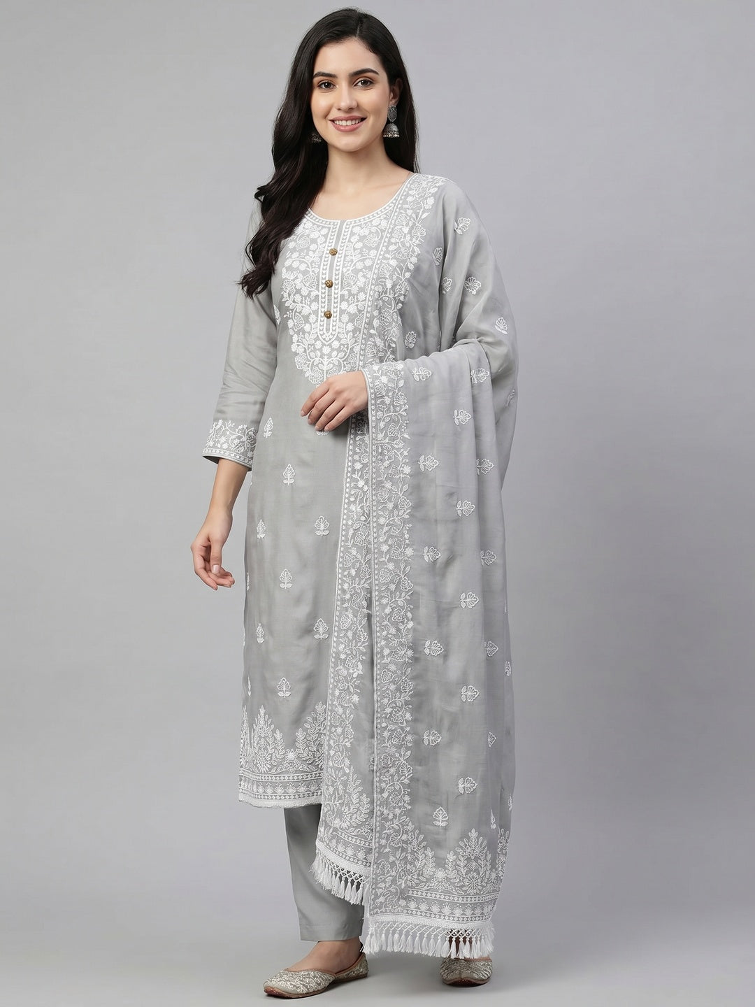 Grey Floral Embroidered Modal Dress Material - Image 1