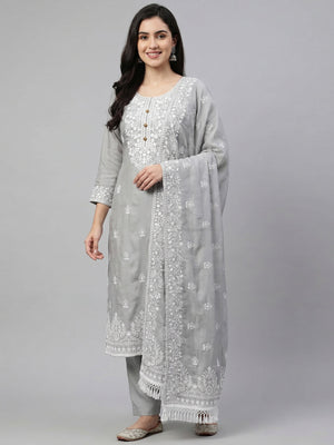 Grey Floral Embroidered Modal Dress Material - Image 1