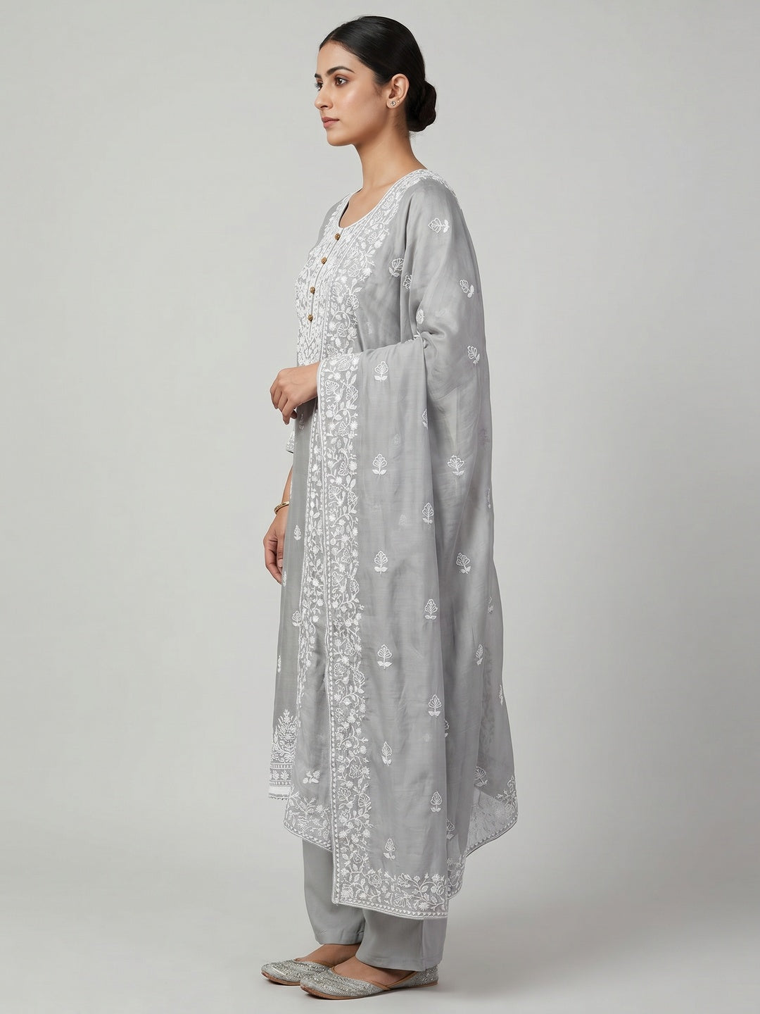 Grey Floral Embroidered Modal Dress Material - Image 2