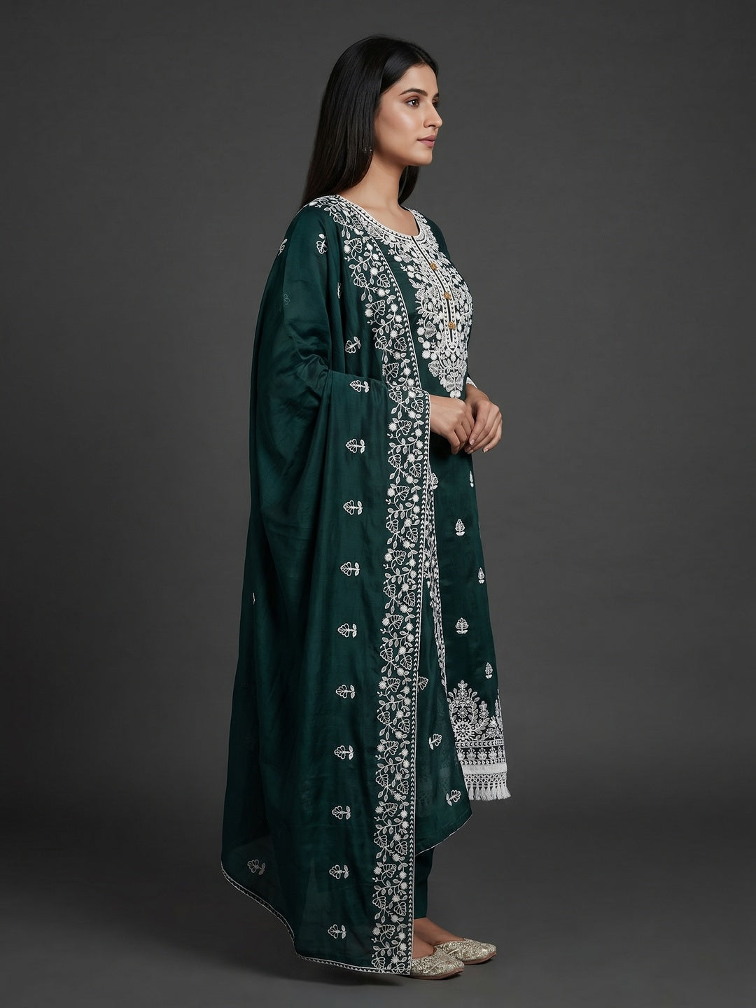 Green Floral Embroidered Modal Dress Material - Image 2
