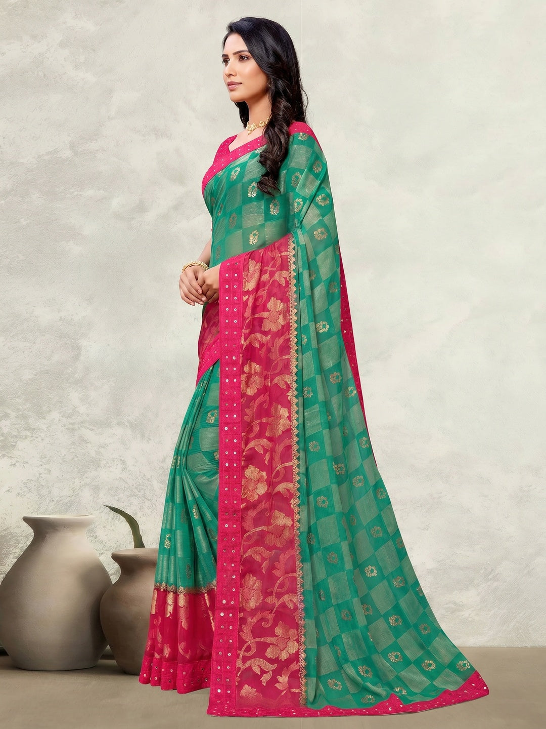 Sea Green Foil Printed Brasso Saree - Image 1