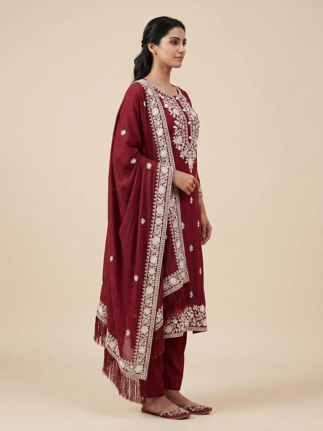 Maroon Floral Embroidered Modal Dress Material - Image 2