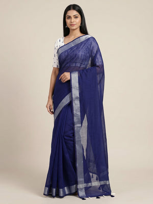 Blue Solid Chanderi Saree With Tassels - Image 1