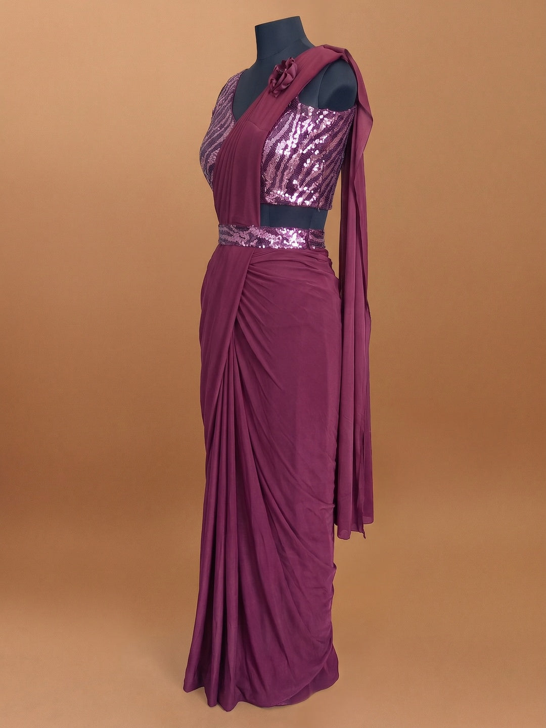 Wine Solid With Sequins Ready to Wear Lycra Saree - Image 1