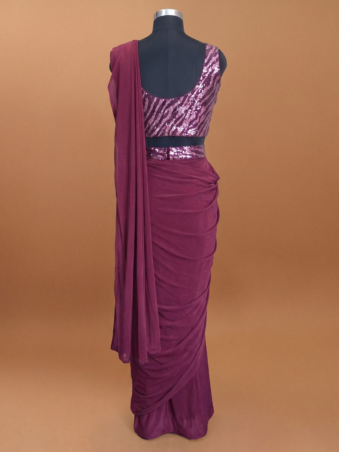 Wine Solid With Sequins Ready to Wear Lycra Saree - Image 2