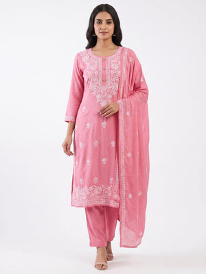 Pink Floral Embroidered Modal Dress Material - Image 1