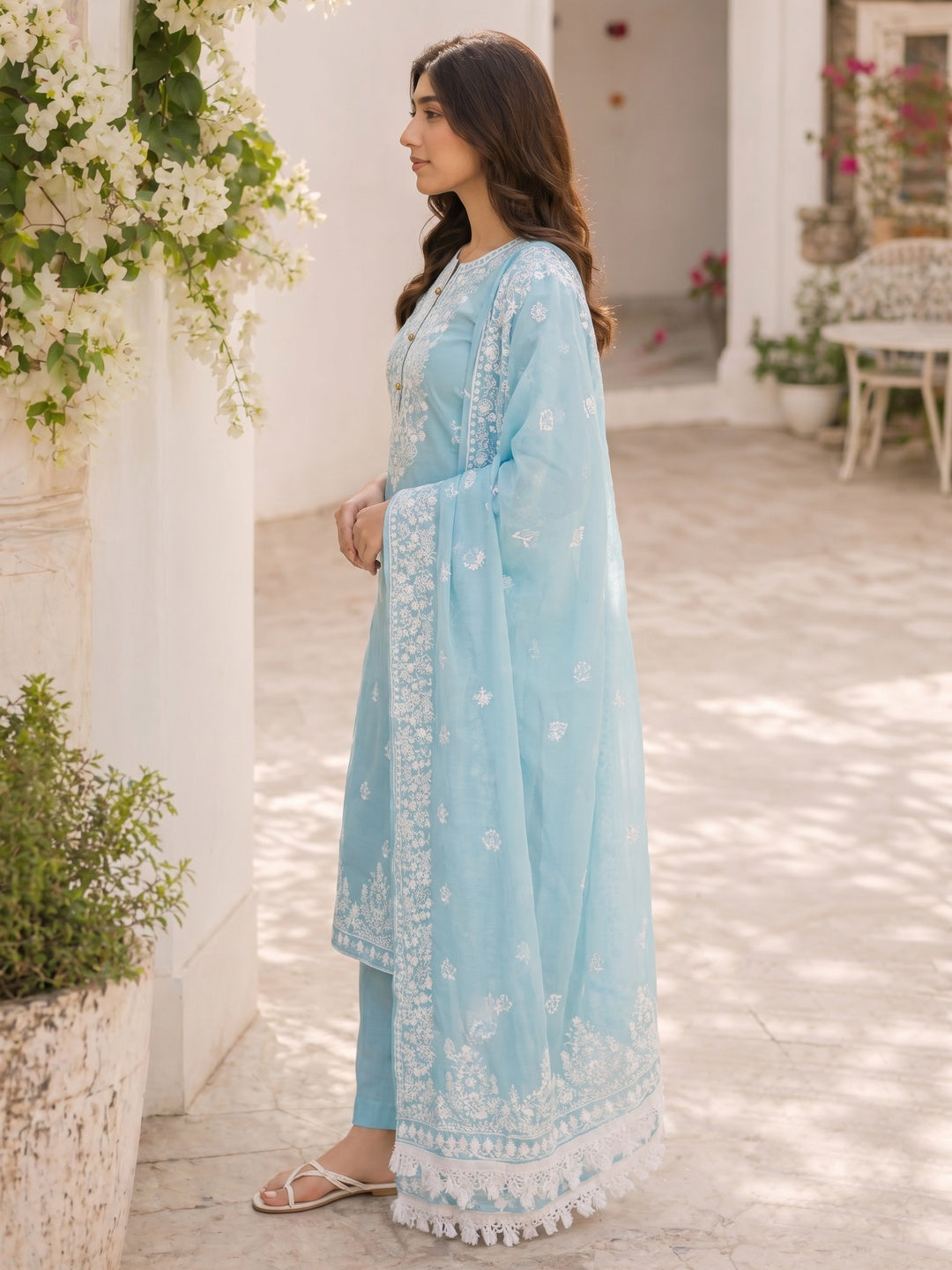 Sky Blue Floral Embroidered Modal Dress Material - Image 2