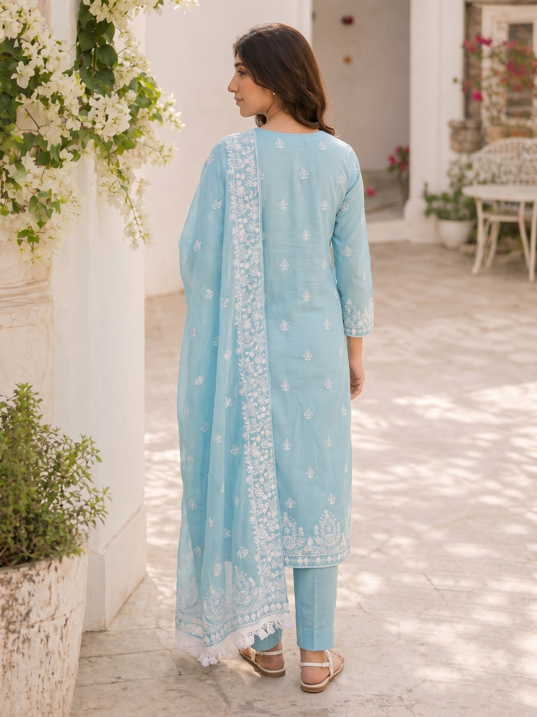 Sky Blue Floral Embroidered Modal Dress Material - Image 3