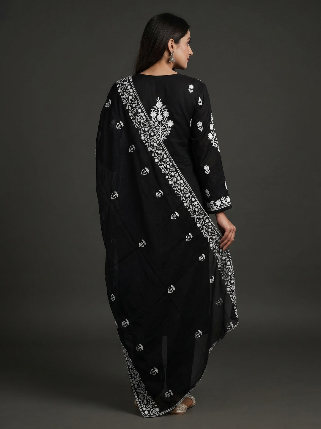 Black Floral Embroidered Modal Dress Material - Image 2