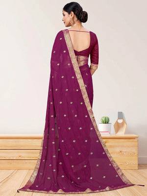 Purple Embroidered Chiffon Saree - Image 1