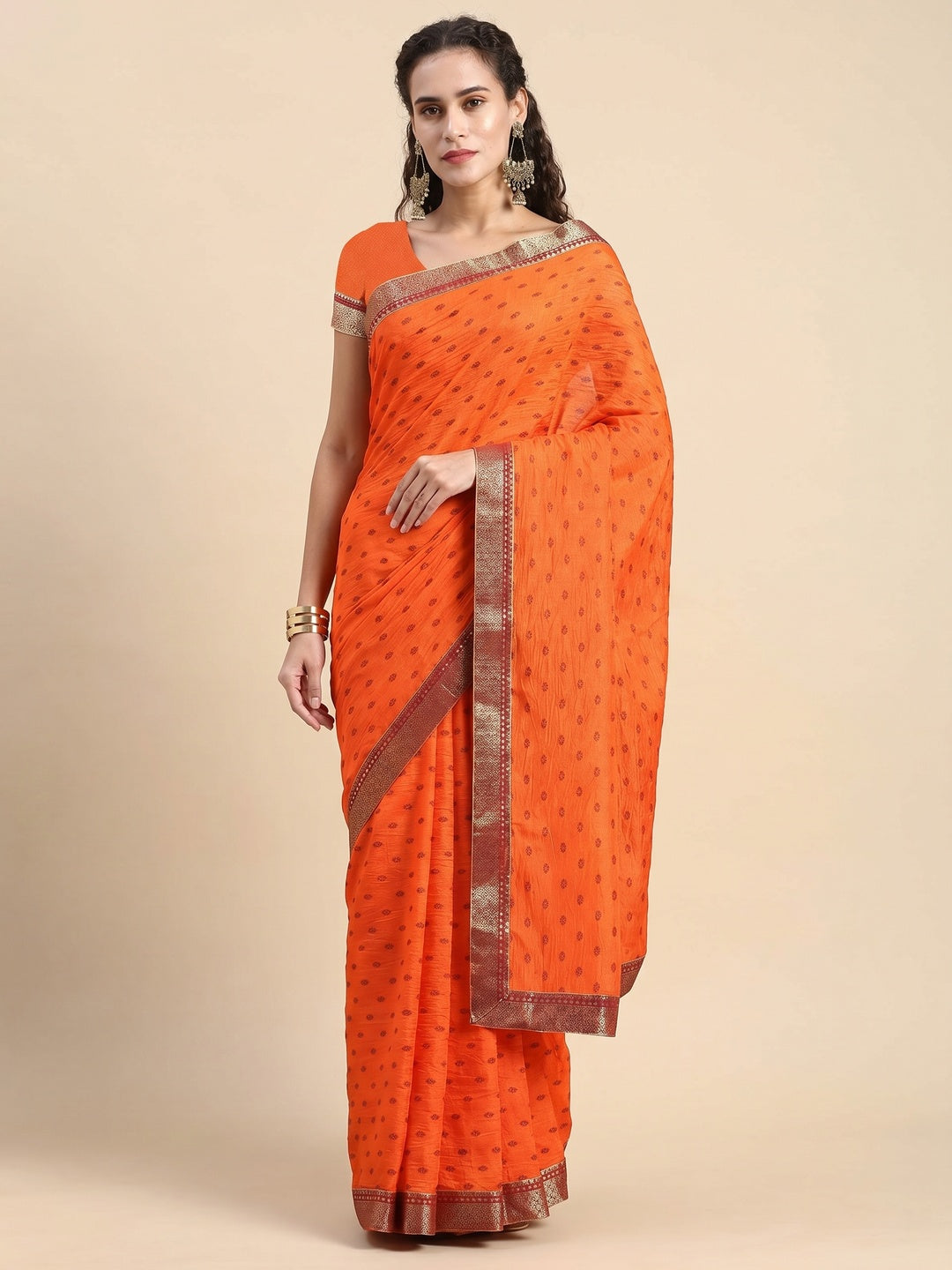 Orange Printed Vichitra Silk Saree - Image 1