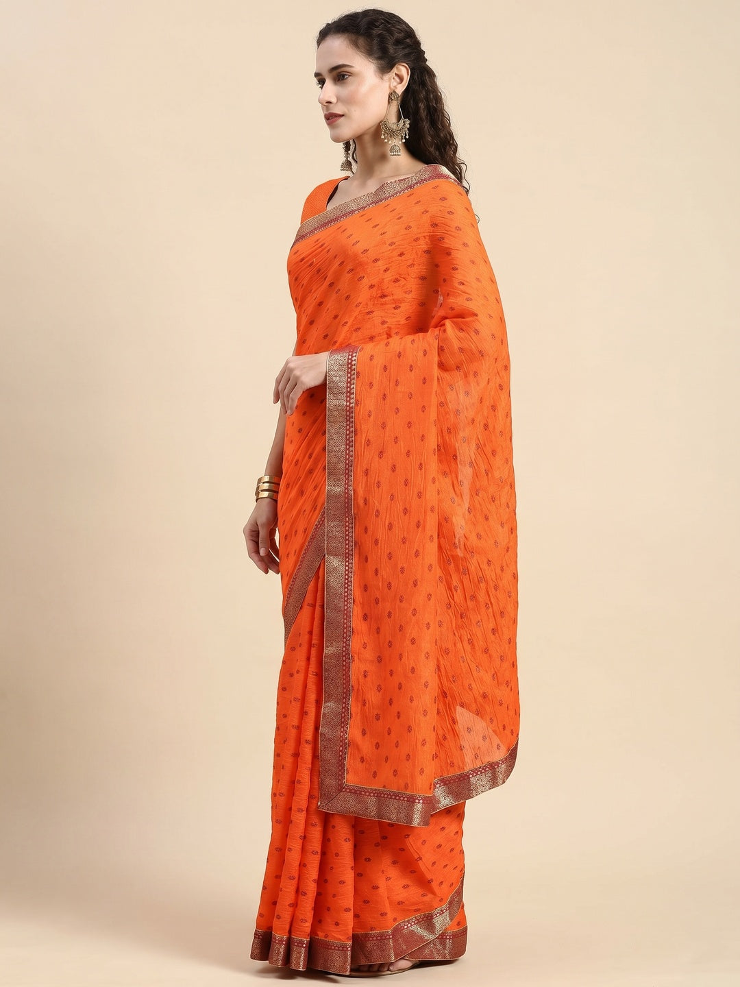 Orange Printed Vichitra Silk Saree - Image 3