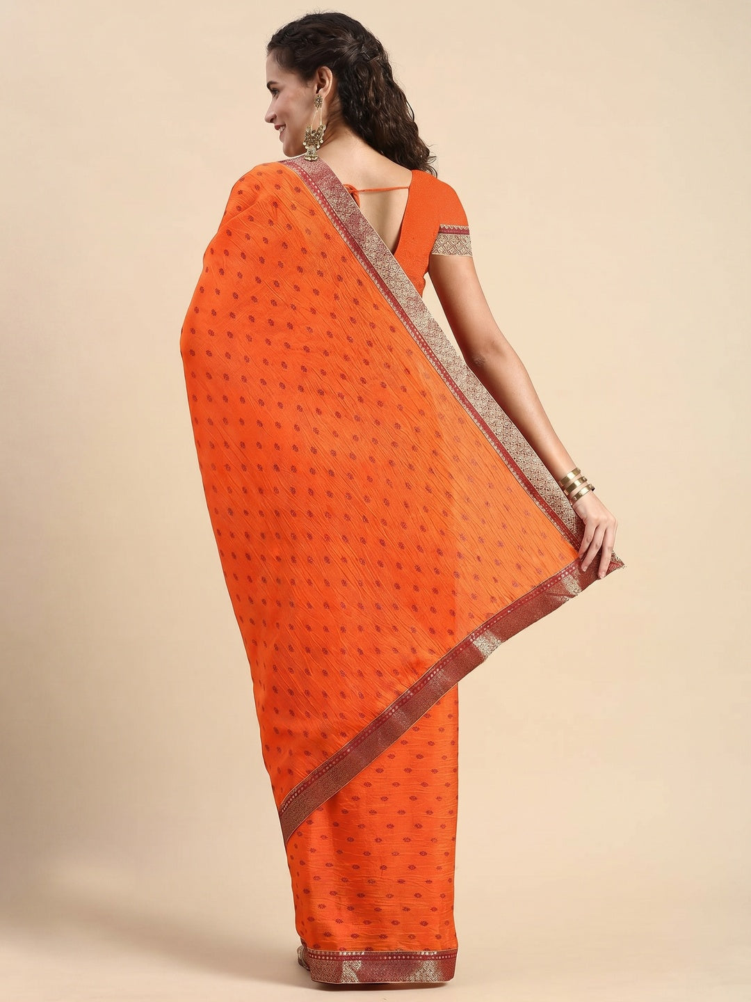 Orange Printed Vichitra Silk Saree - Image 4