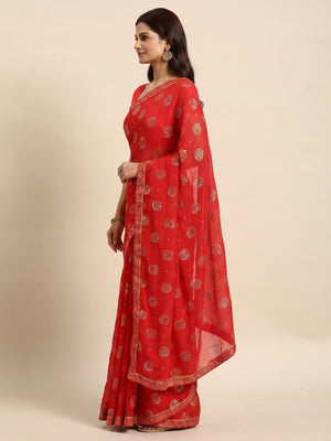 Red Foil Printed With Embellished Chiffon Saree - Image 1