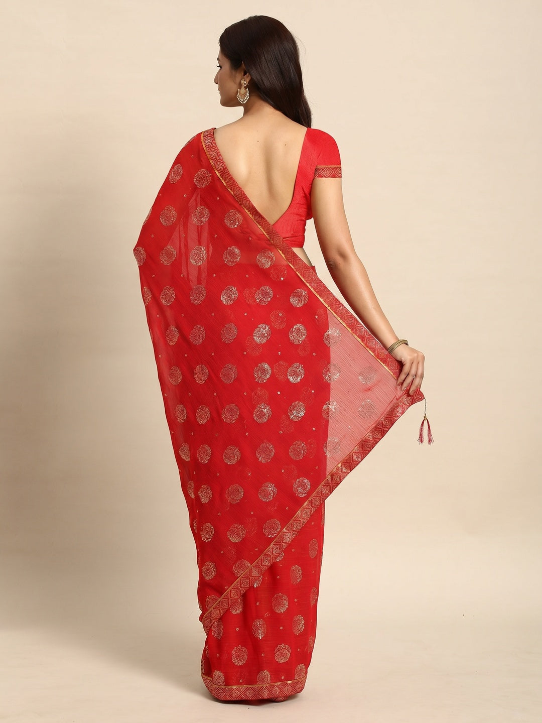 Red Foil Printed With Embellished Chiffon Saree - Image 2