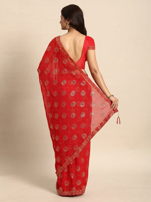 Red Foil Printed With Embellished Chiffon Saree - Image 2