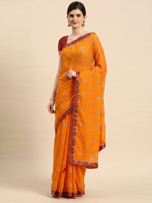 Mustard Foil Printed With Embellished Chiffon Saree - Image 1