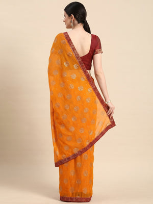 Mustard Foil Printed With Embellished Chiffon Saree - Image 2