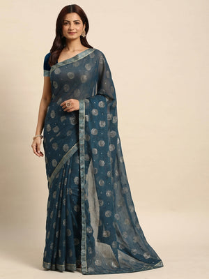 Teal Blue Foil Printed With Embellished Chiffon Saree - Image 1