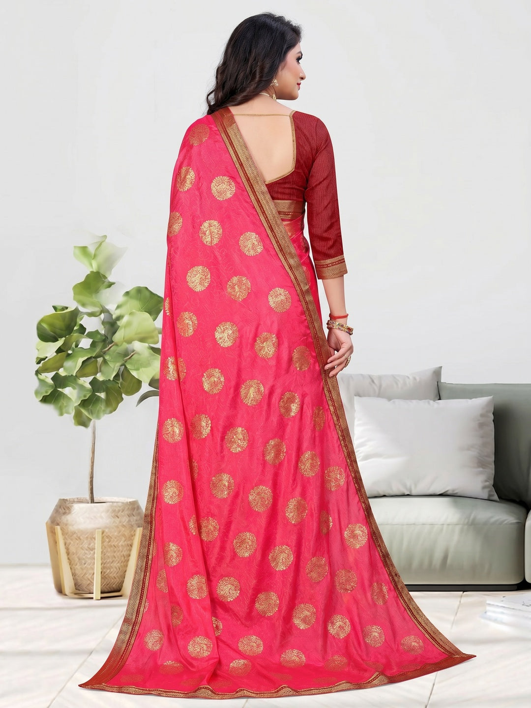 Pink Foil Printed Chiffon Saree - Image 1