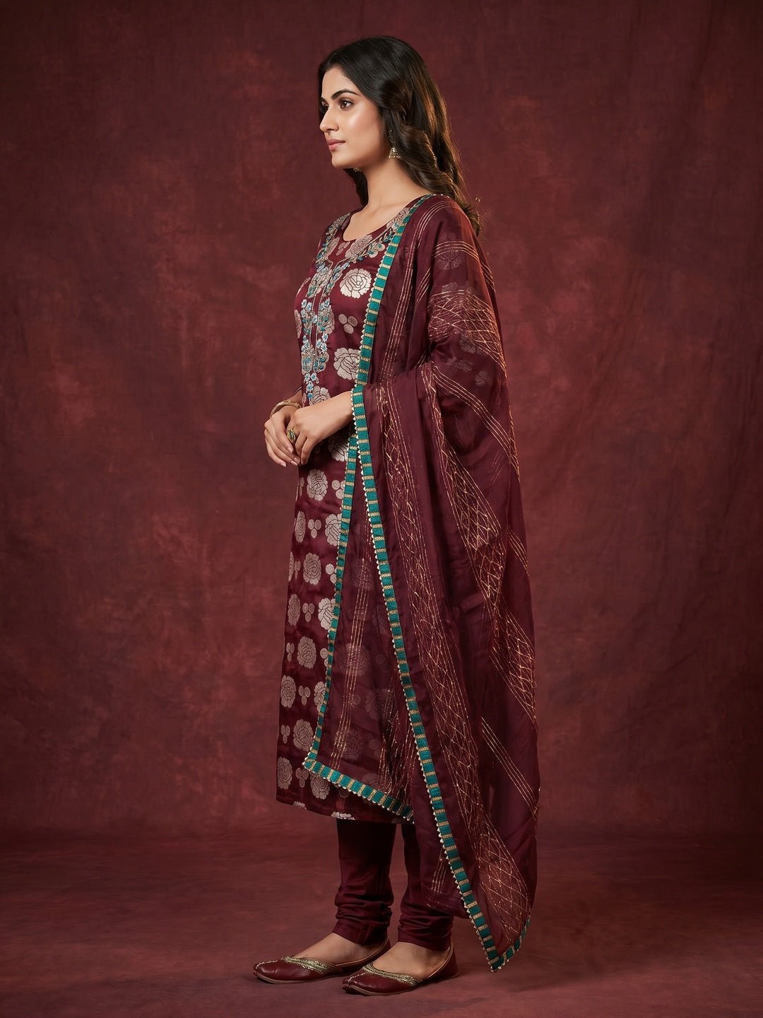 Maroon Woven Banarasi Silk Dress Material - Image 3
