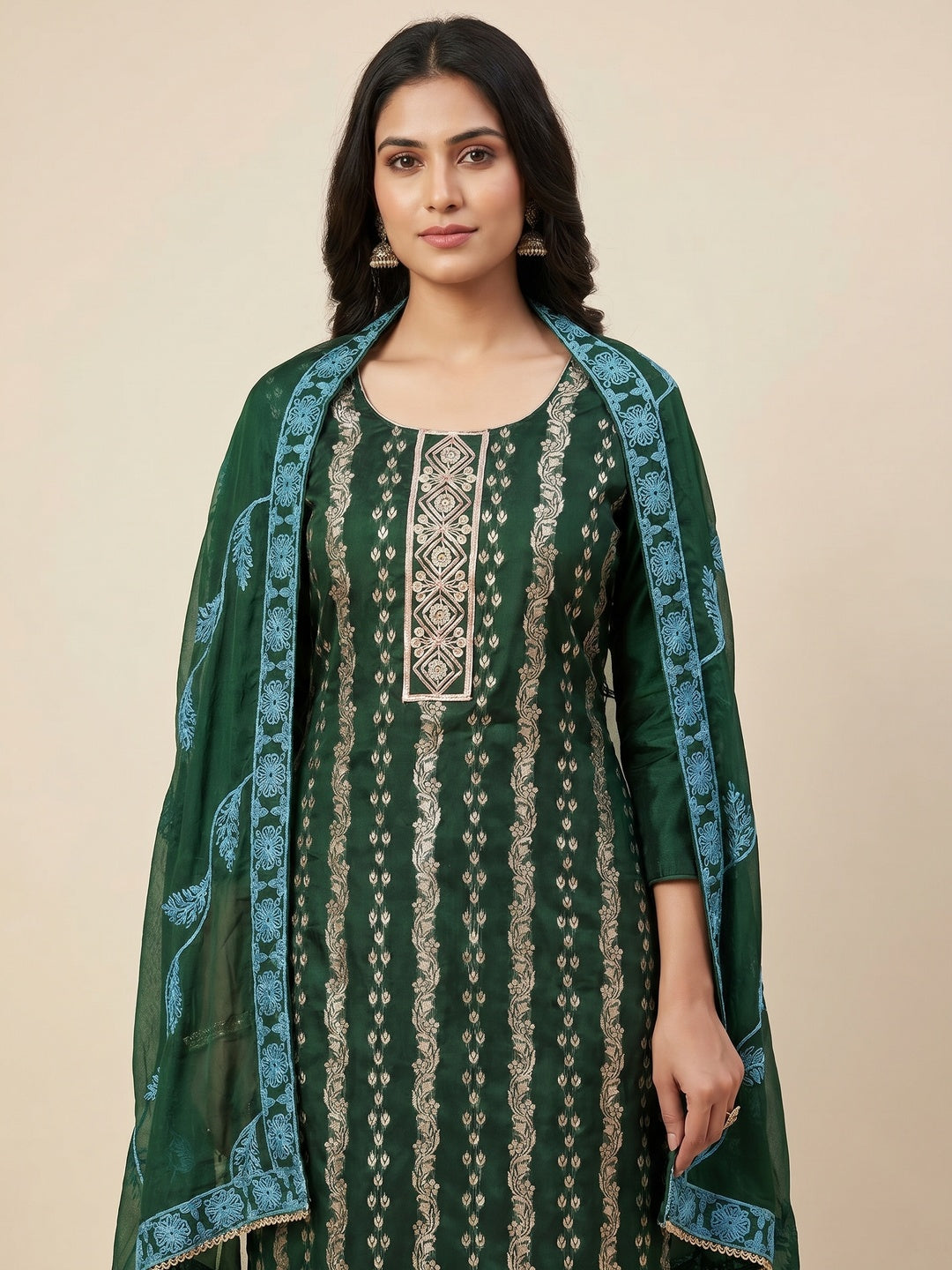 Green Woven Banarasi Silk Dress Material - Image 1