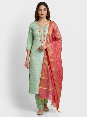Pastel Green Woven Banarasi Silk Dress Material - Image 1