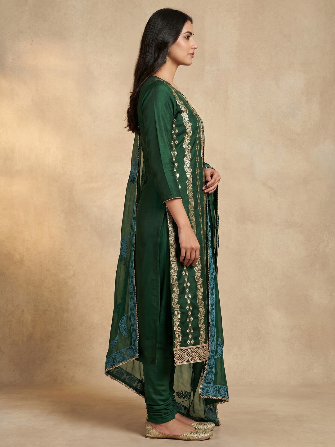 Green Woven Banarasi Silk Dress Material - Image 2