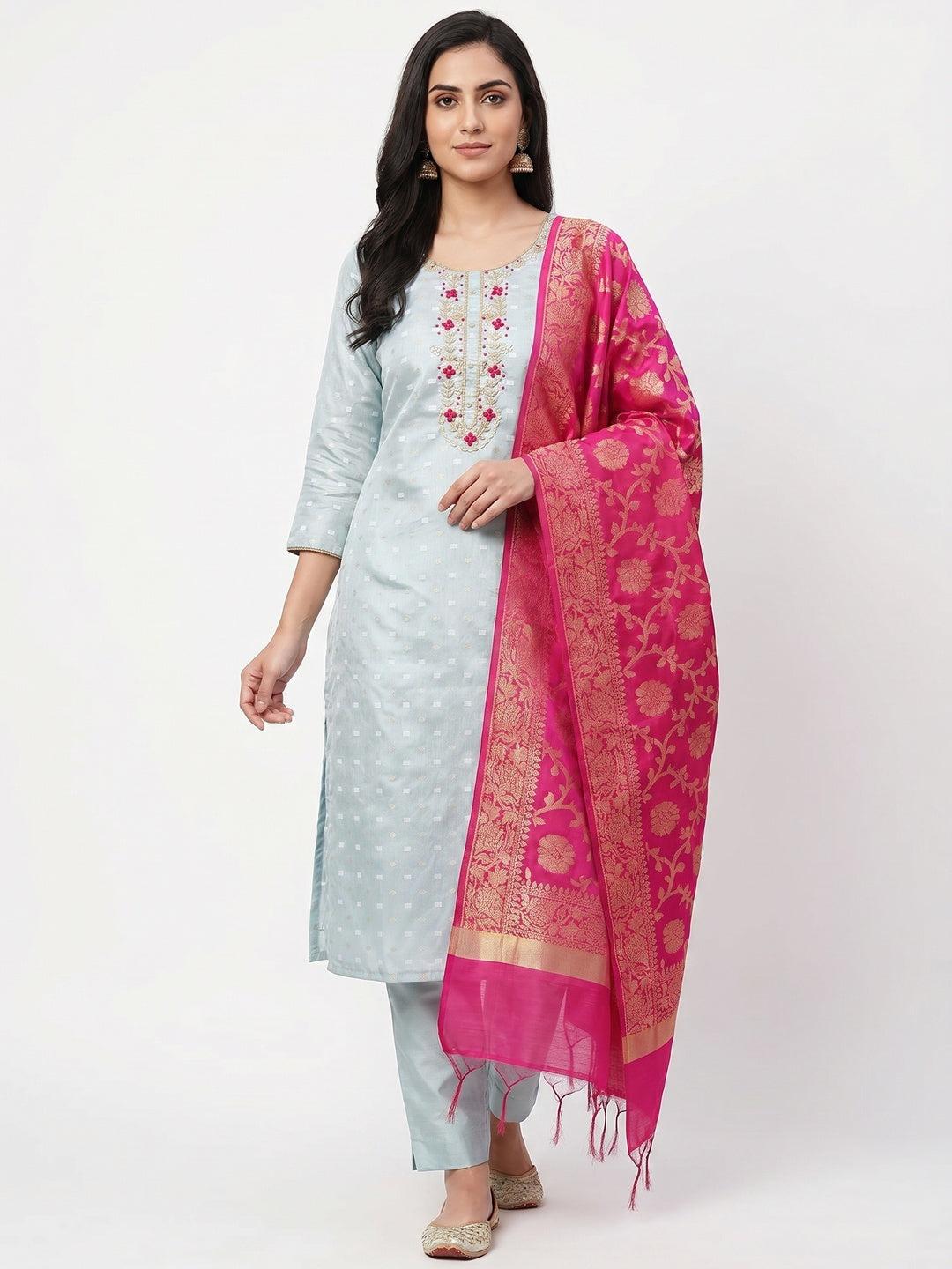 Pastel Blue Woven Banarasi Silk Dress Material - Image 1