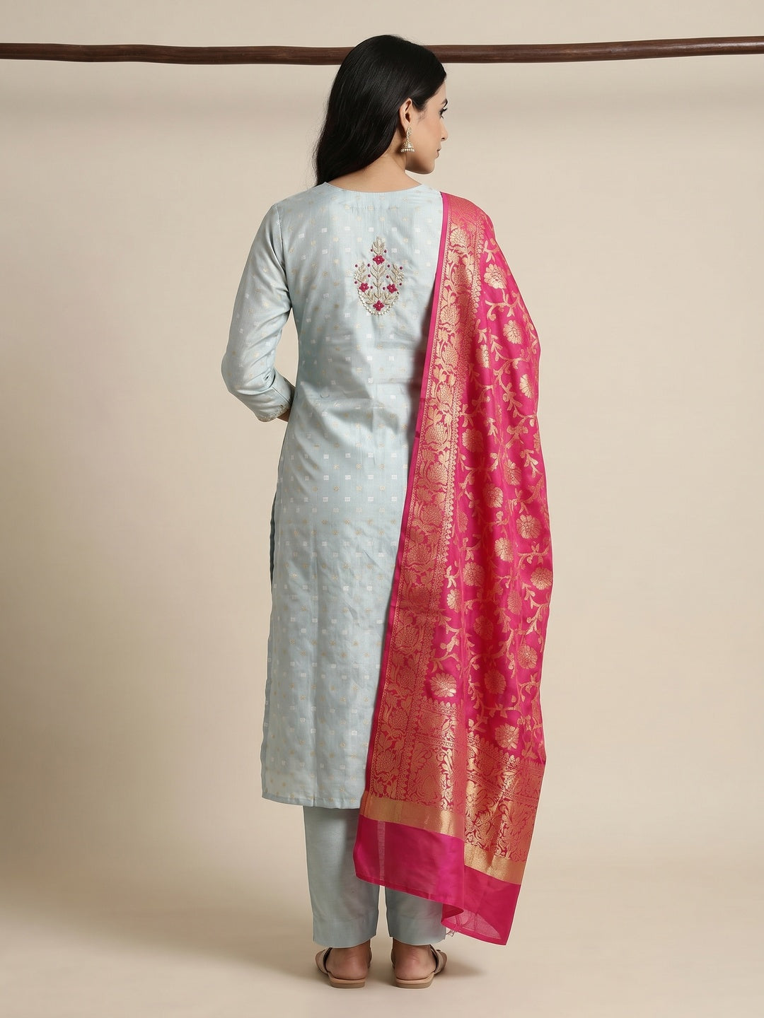 Pastel Blue Woven Banarasi Silk Dress Material - Image 3