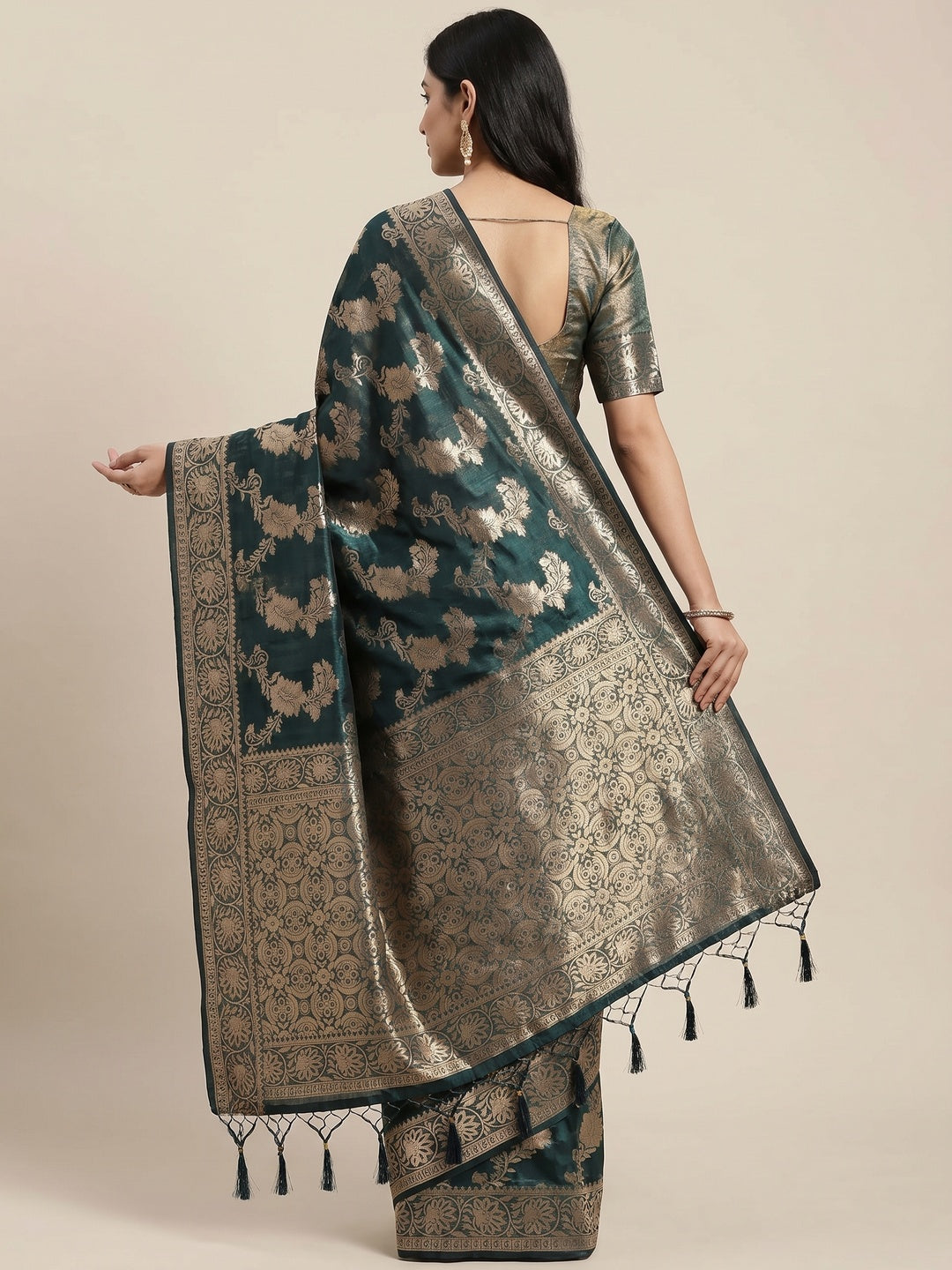 Morpich Floral Woven Art Silk Saree With Tassels - Image 3