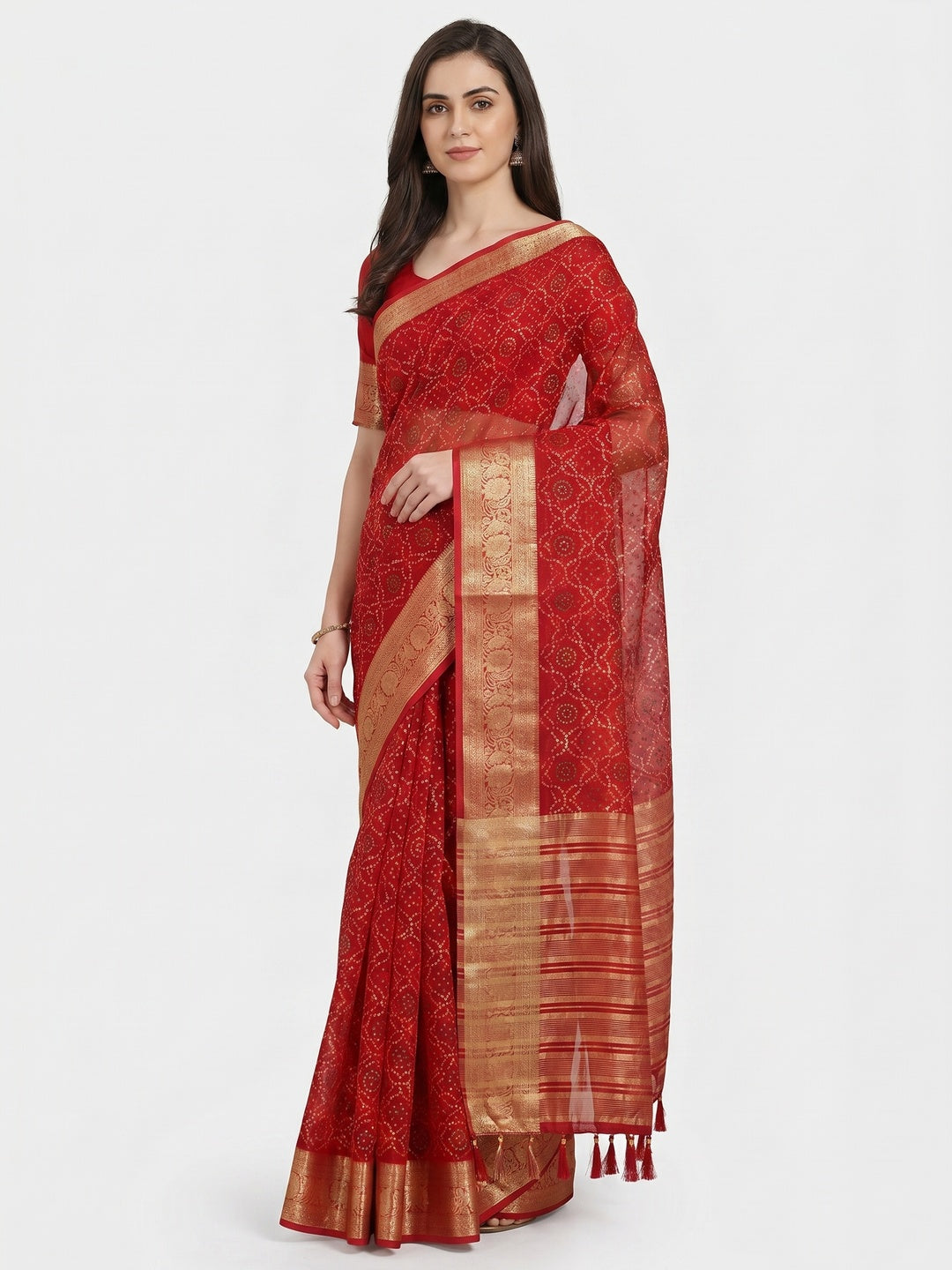 Red Bandhani Printed Organza Saree With Tassels - Image 1