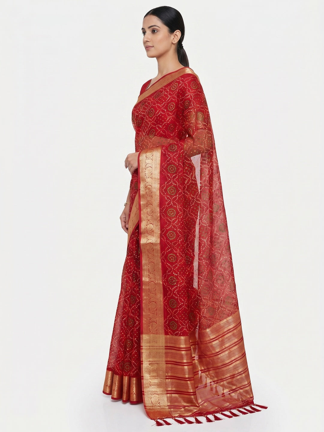Red Bandhani Printed Organza Saree With Tassels - Image 2