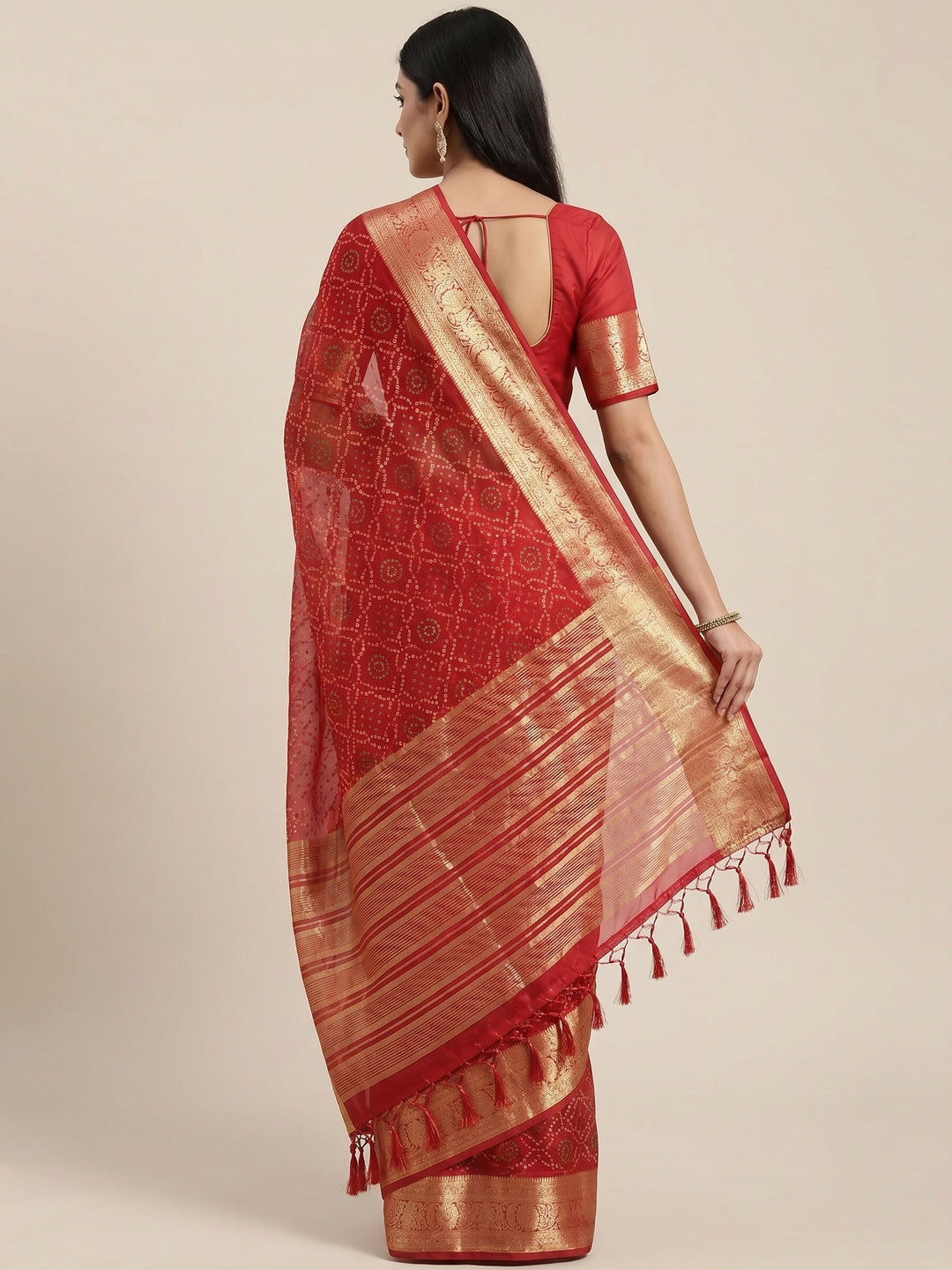 Red Bandhani Printed Organza Saree With Tassels - Image 3