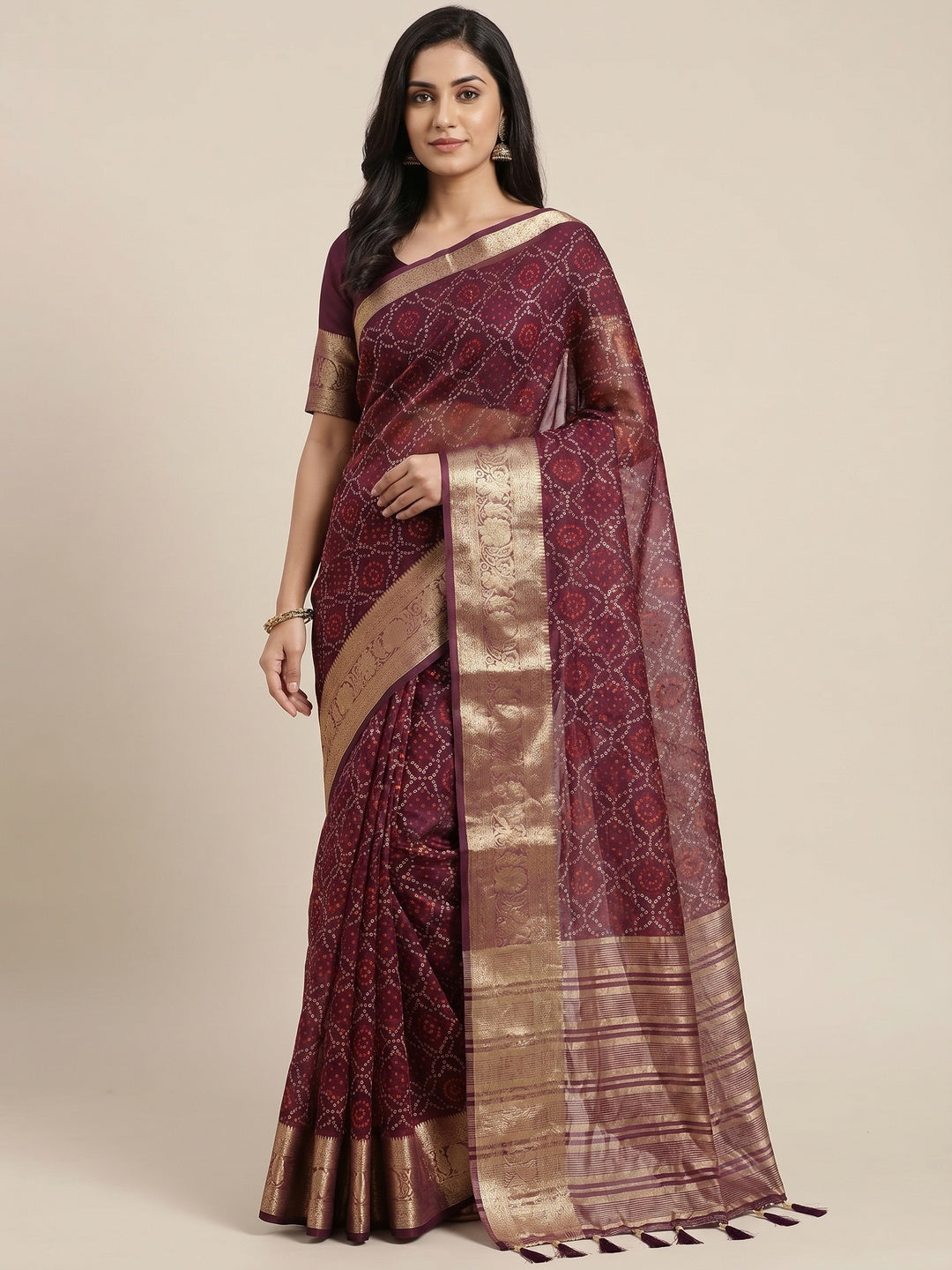 Wine Bandhani Printed Organza Saree With Tassels - Image 1